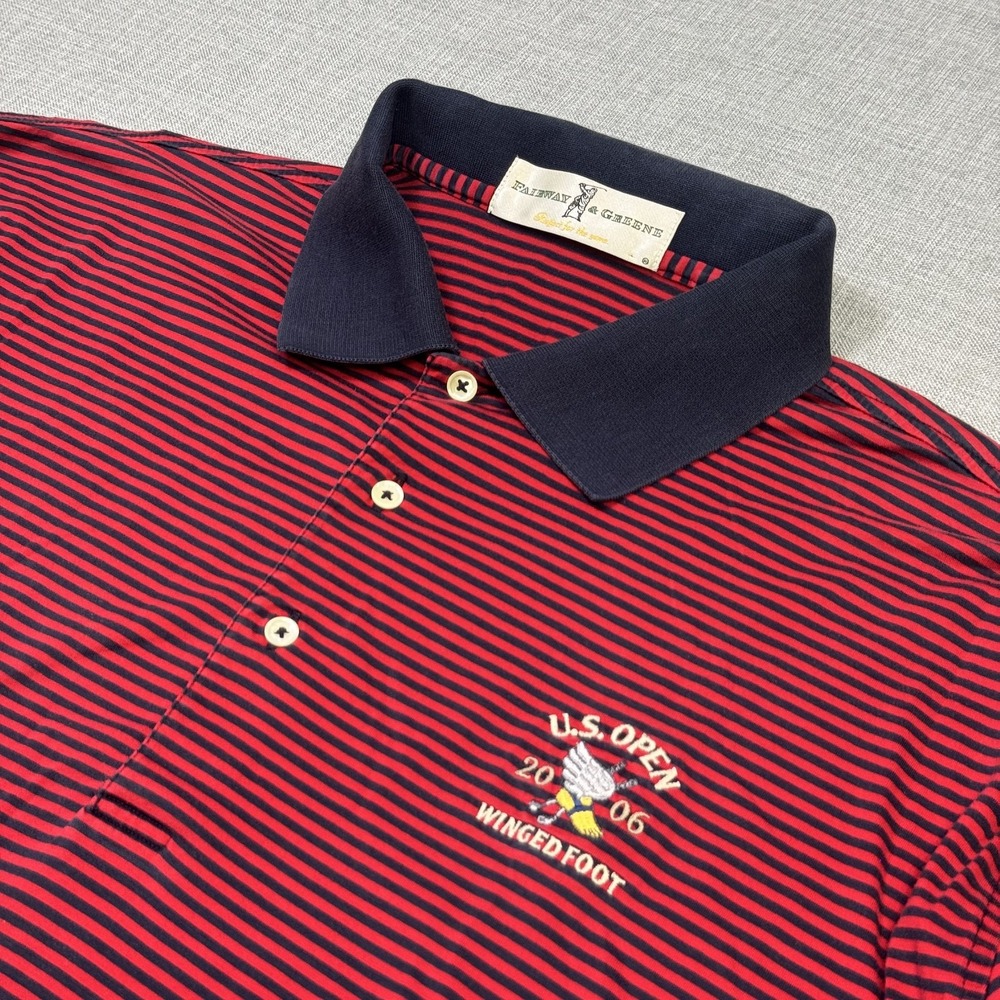 Fairway & Greene U.S. Open Winged Foot Polo Shirt Mens L Red 100% Cotton Striped